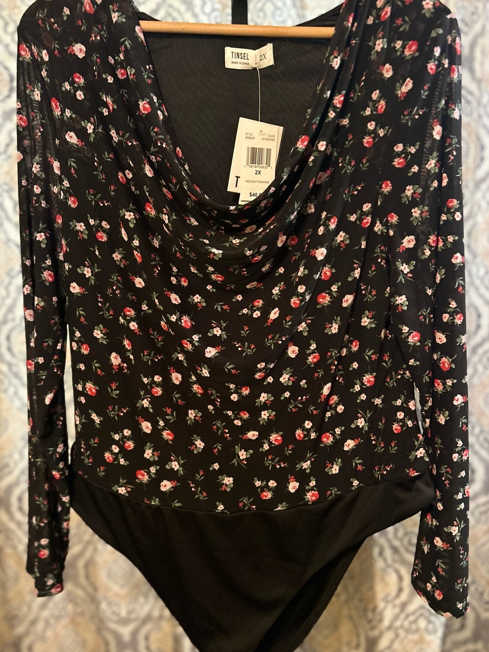 Tinsel Black Floral Cowl Neck Bodysuit with Pink Roses